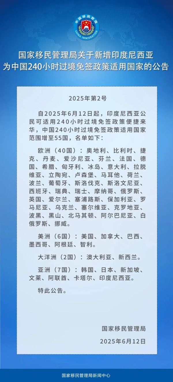 盈股网在线 今日起，新增印尼！中国240小时过境免签政策适用国家扩展至55国